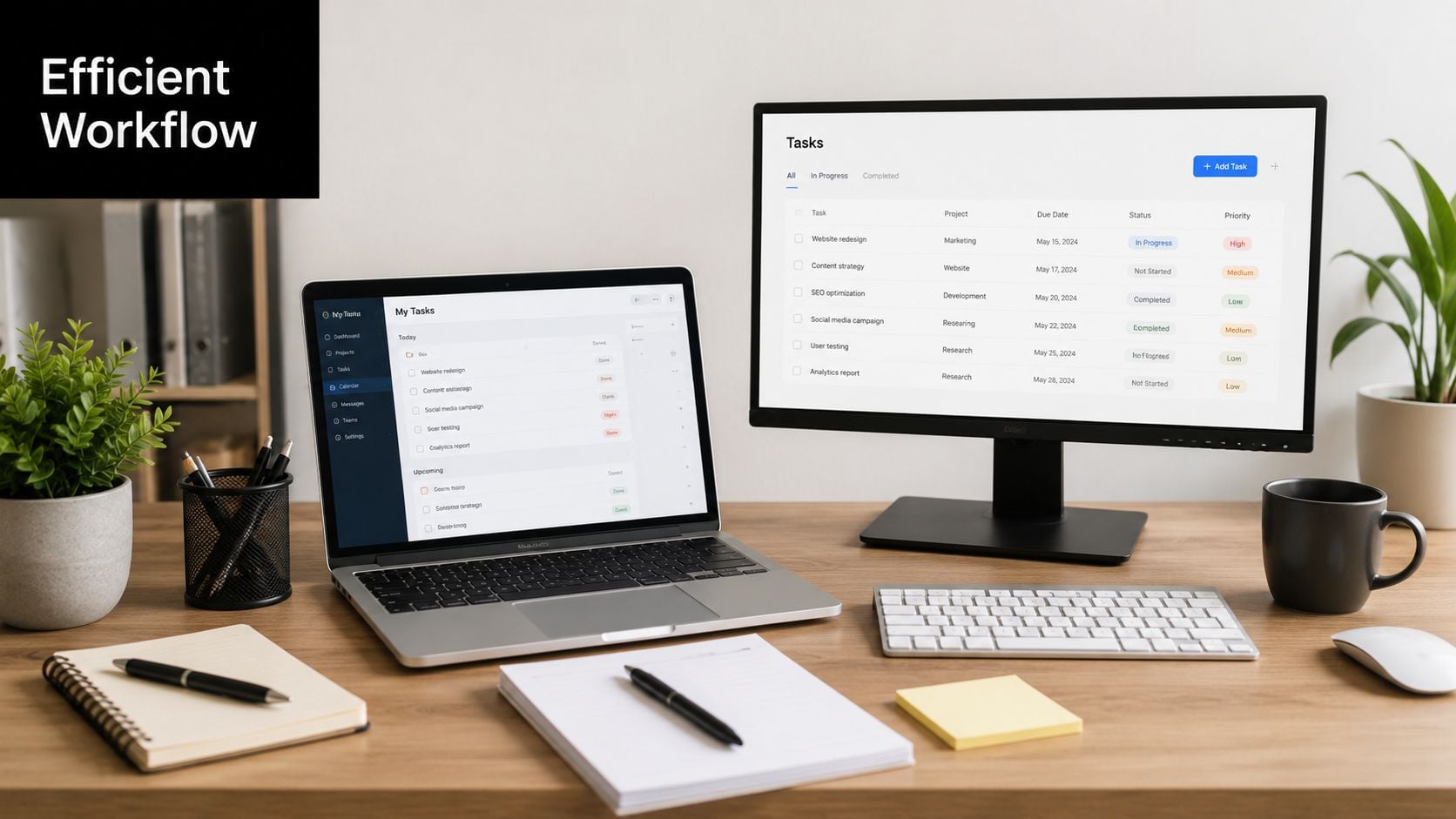 A modern clean workspace featuring a laptop and monitor displaying task management software on a wooden desk.