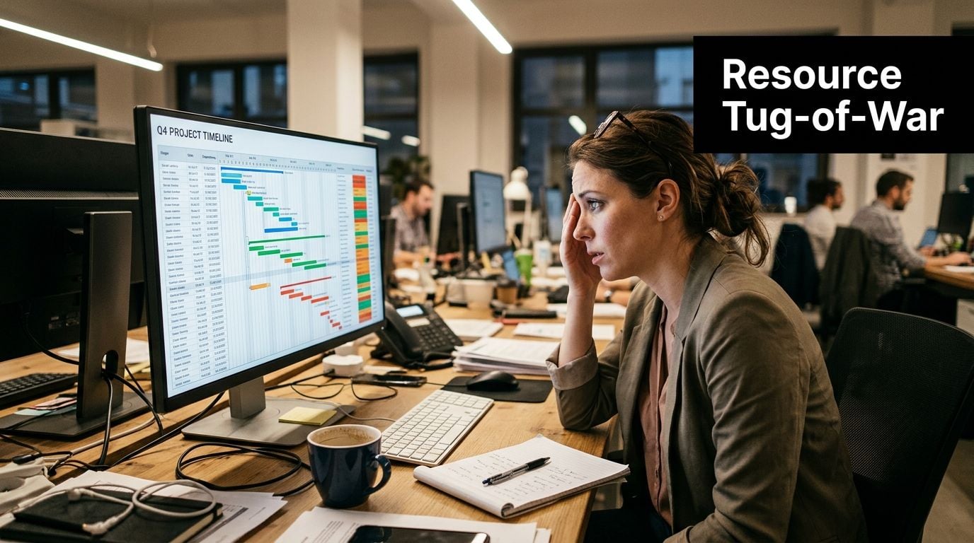 A stressed woman working at her office desk in front of a computer monitor displaying project timelines.