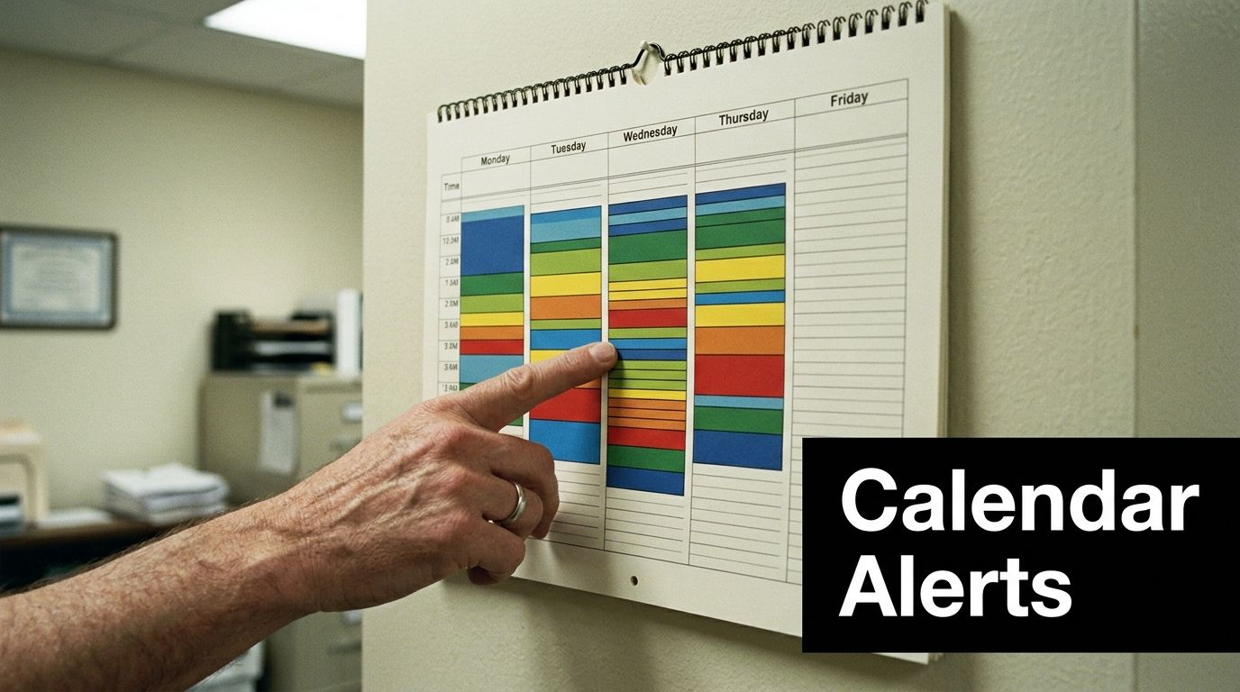 A person pointing at a colorful weekly schedule calendar hanging on an office wall.