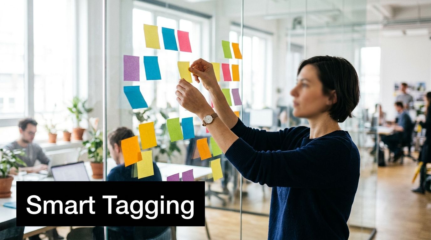 A professional woman using colorful sticky notes to organize a business project on a glass office wall.