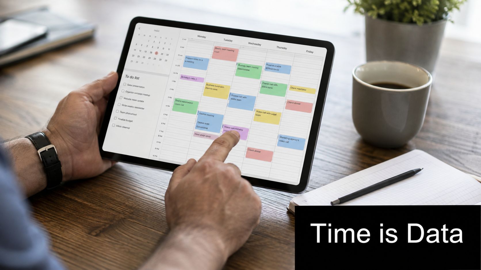 A professional using a digital tablet to organize their weekly work schedule and to-do list.