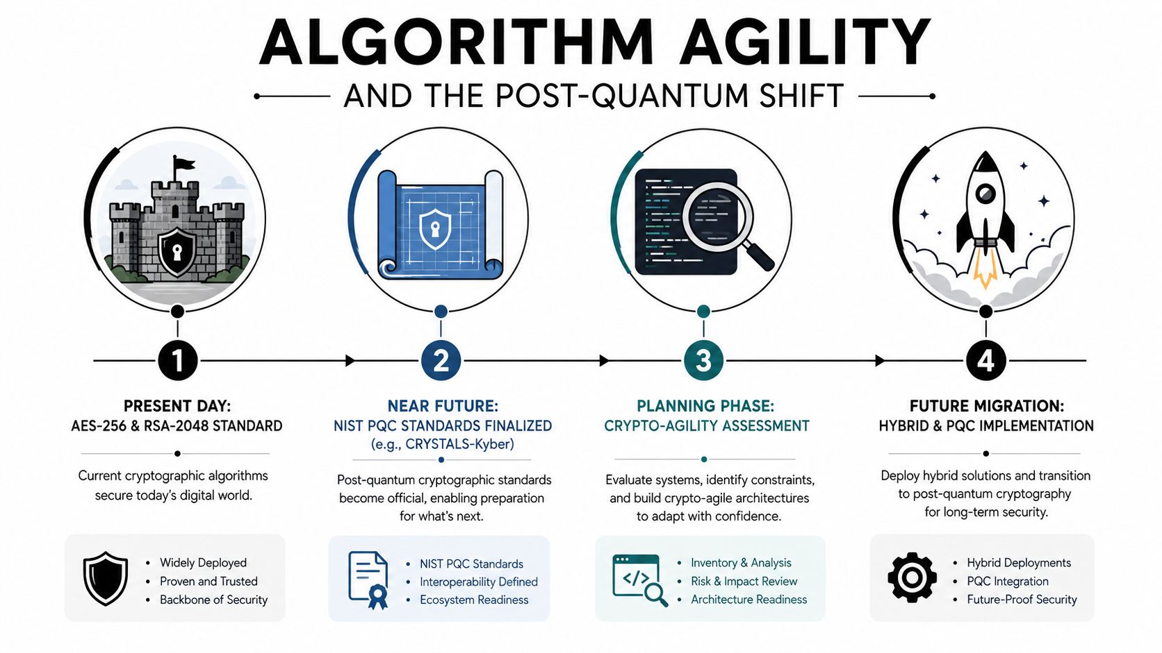 A four-step infographic illustrating the transition from current encryption standards to future post-quantum cryptographic implementations.