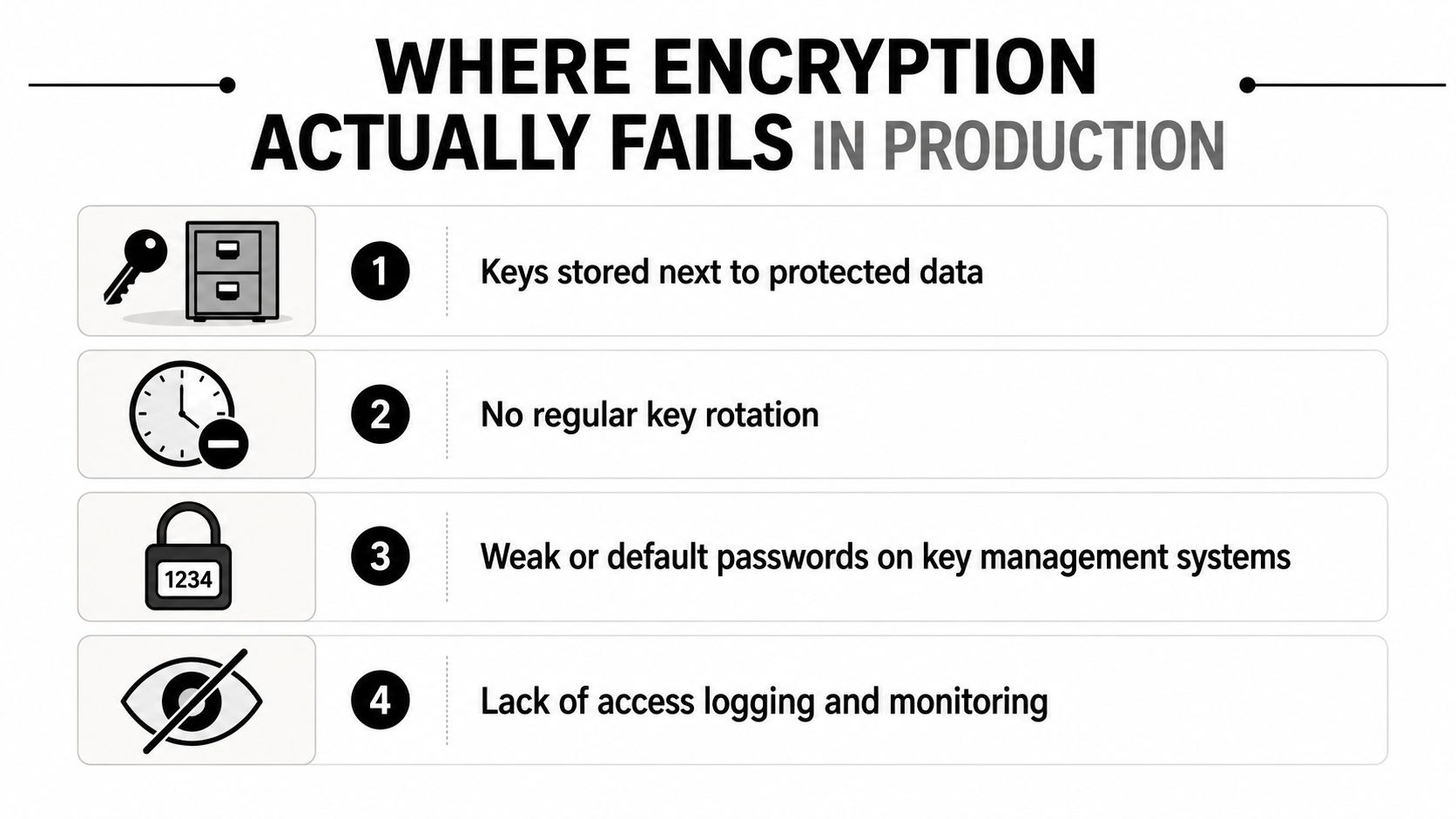An infographic titled Where Encryption Actually Fails in Production listing four common security vulnerabilities.