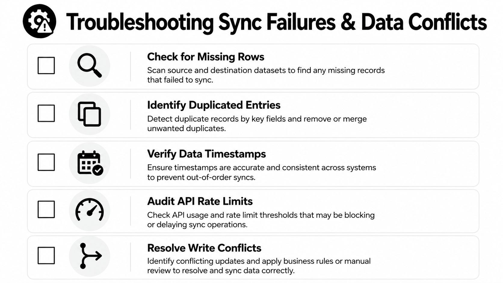 A checklist infographic titled Troubleshooting Sync Failures and Data Conflicts listing five technical data synchronization steps.