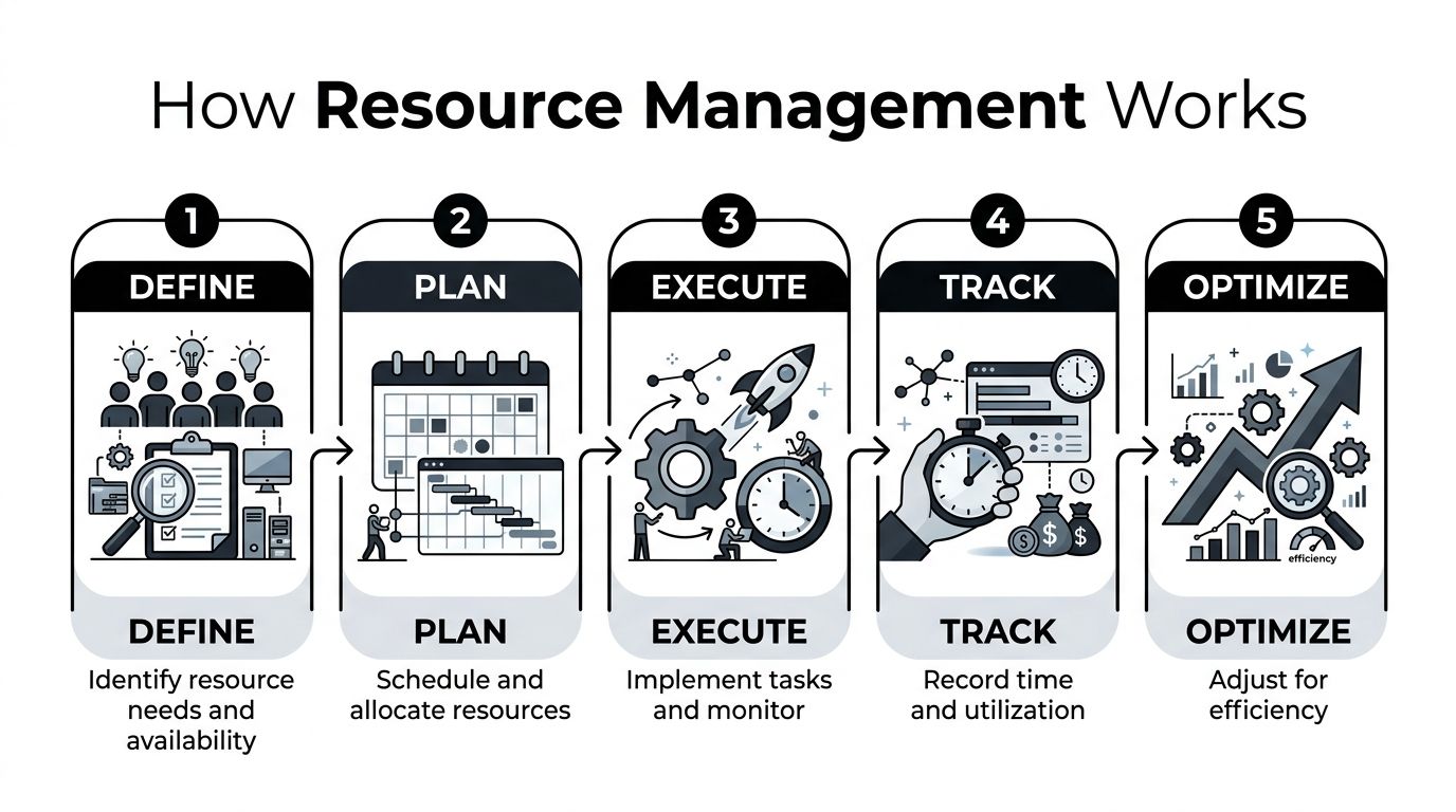 A five-step flowchart illustrating the resource management process from defining needs to optimizing efficiency for businesses.