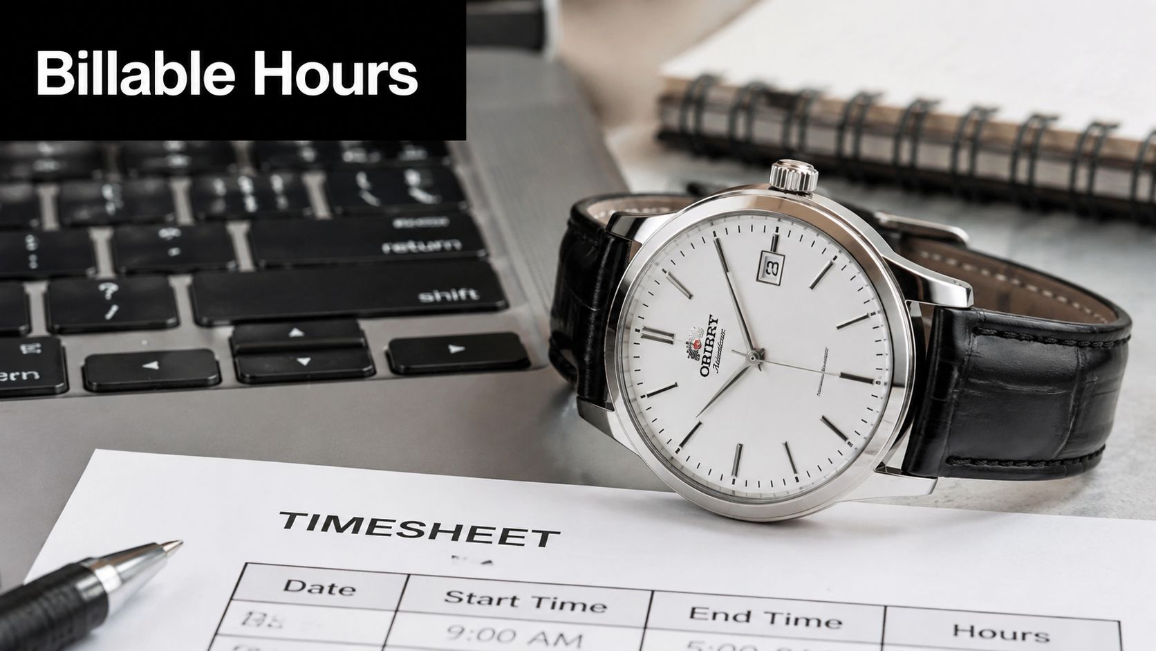 A wristwatch, laptop, and a timesheet on a desk, representing the concept of tracking billable work hours.